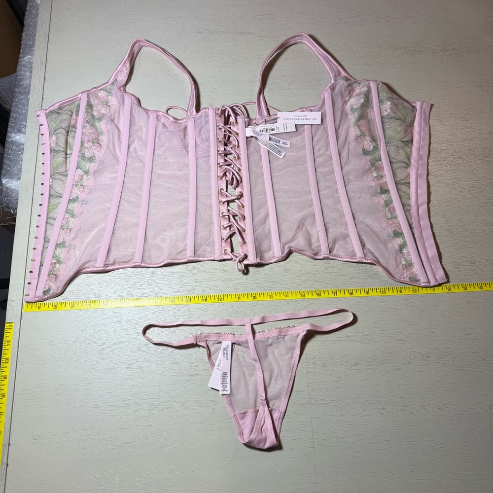 NWT Victoria's Secret Pink Lily Embroidered Corset G String 2 piece Set, Med DD - Picture 6 of 16